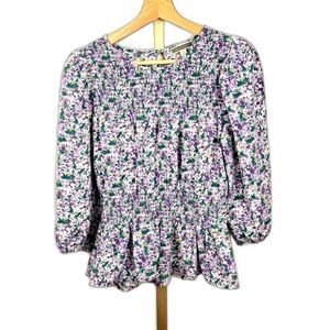 Anthropologie Pleione Floral Ruched Peplum Blouse Sz XS EUC